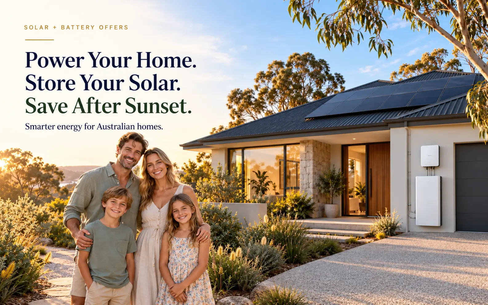 Power your home. Store your solar. Save after sunset. Australian family outside a modern home with rooftop solar and battery storage.